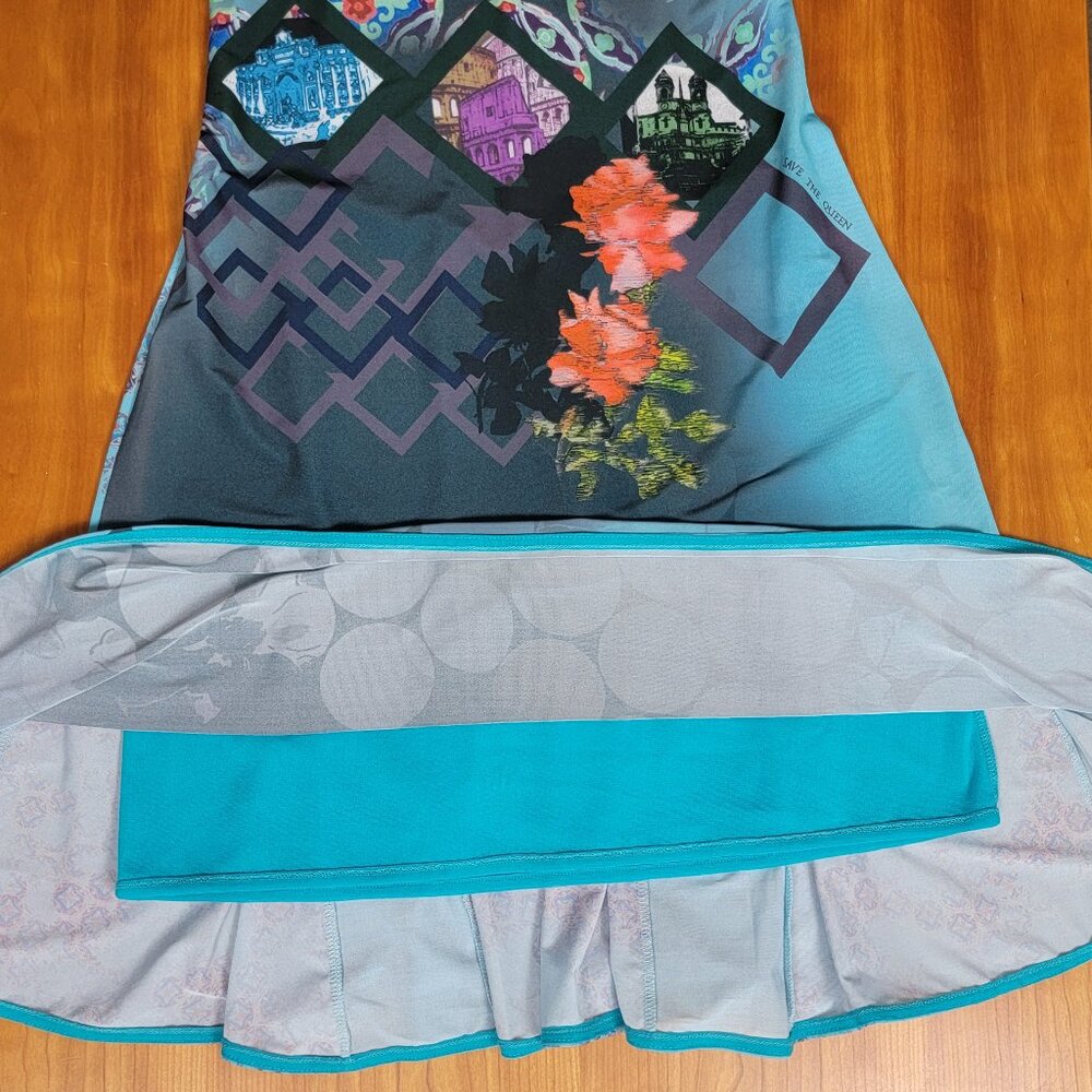 Save the Queen Teal Print 3/4 Sleeve Scoop Neck Dress - M - Picture 11 of 13